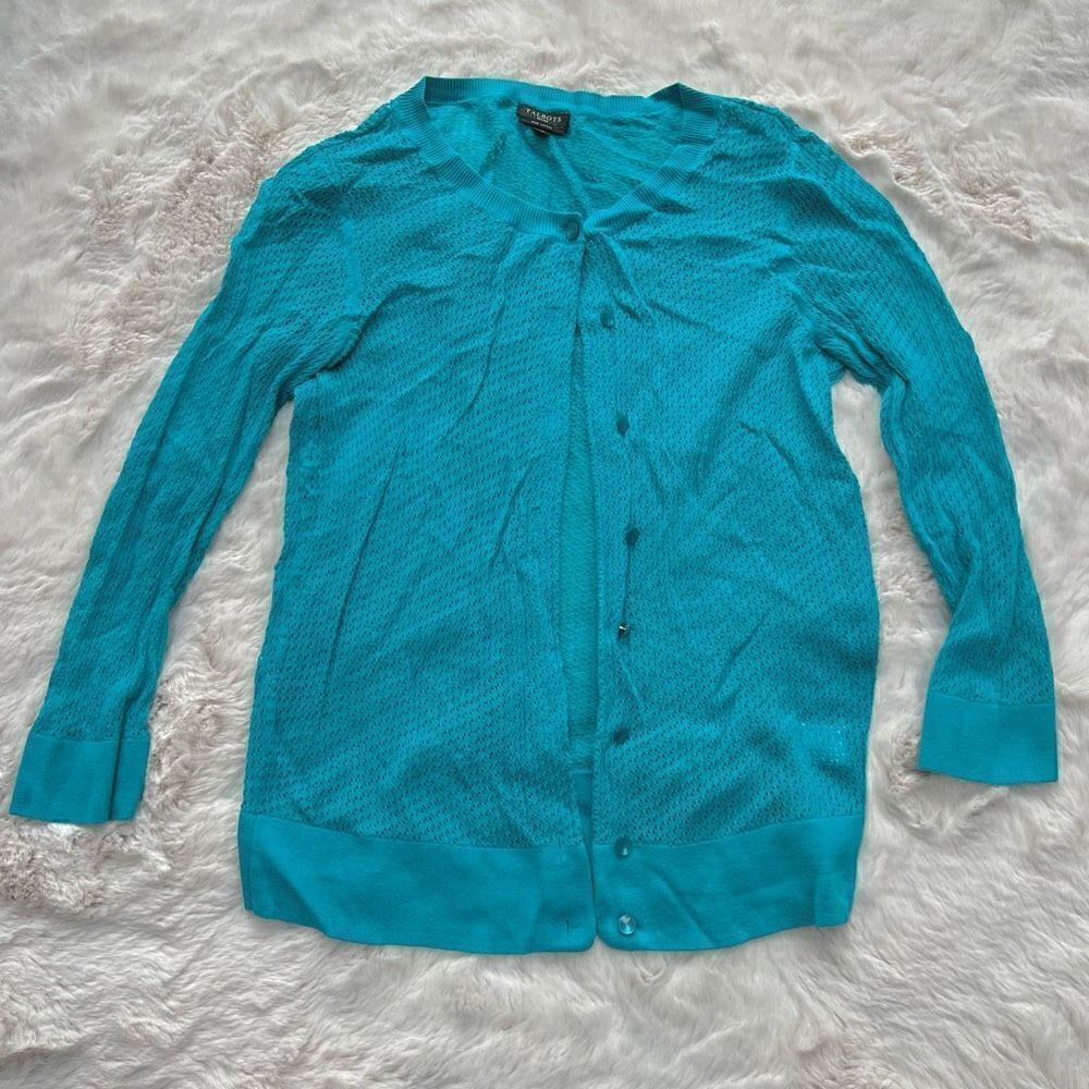 Talbots Petites Pima Cotton Knit Cardigan Sweater Teal Blue women’s size Mp